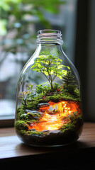 A glass bottle contains a glowing miniature ecosystem in hyperrealistic detail. The scene symbolizes sustainability, fragile balance, and hope, blending nature, light, and preservation within a confin