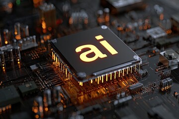 Futuristic tech image showing a glowing AI chip on a dark circuit board