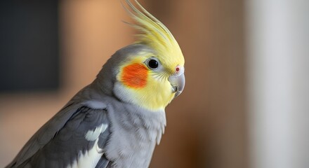 Obraz premium Adorable cockatiel portrait, featuring its iconic yellow crest and orange cheek. This grey and white pet bird displays a gentle, curious expression