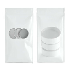Two sealed, white, vertical pouches. One holds overlapping circles, the other stacked rings