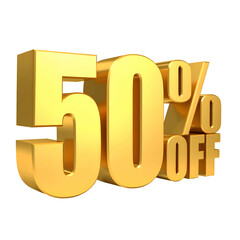 3D golden text "50% OFF" floating against a black backdrop, showcasing a significant discount