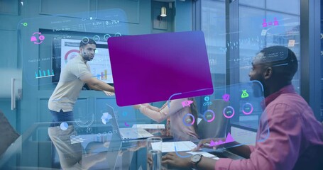 Presenter activating business graphs, AR purple card spinning, coworker grabbing card on tablet - Powered by Adobe