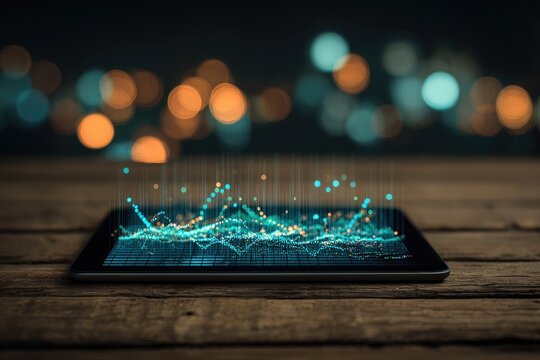 A digital tablet displays data visualization, glowing lines hovering over a wood surface, bokeh background