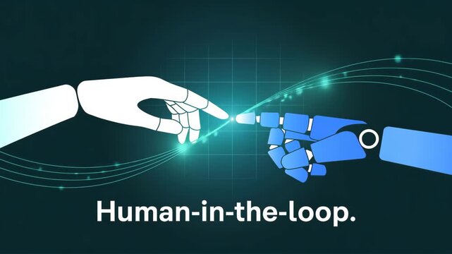 Human-in-the-Loop Connection: A futuristic illustration of human and AI hands, converging in a spark of innovation and collaboration. 