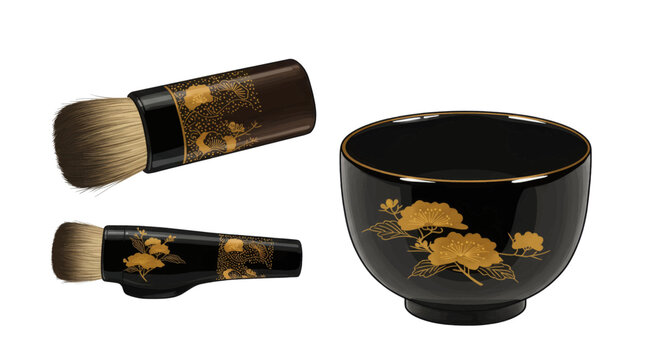 Japanese Lacquerware Bowl and Makeup Brushes with Golden Floral Motifs