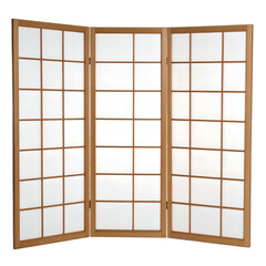 A wooden three-panel screen featuring a grid of white paper. The panels are slightly angled