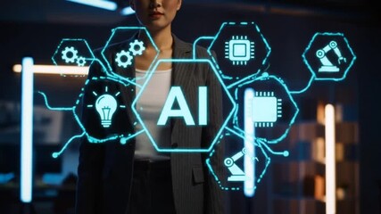Future of business: A professional woman interacts with a glowing, holographic 'AI' display, symbolizing innovation, technology integration, and modern corporate intelligence. - Powered by Adobe