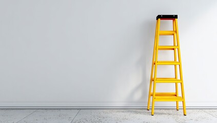 An upright, bright yellow stepladder leaning against a stark white wall, in a minimalist composition