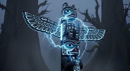 Glowing totem pole crackles with energy in a misty forest.