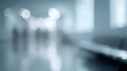 Gentle bokeh effect of a hospital waiting area with faint glimpses of patients and medical charts in silver-blue hues.
