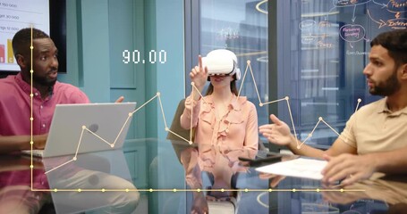 Colleagues conversing while VR user raising finger and animating line graph for business analysis - Powered by Adobe