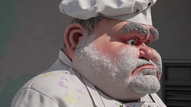Cuisinier cartoon 3D en col&egrave;re couvert de farine