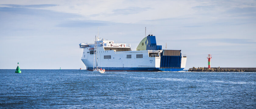 Swinoujscie, West Pomeranian - Poland - July 06, 2024: Unity Line Epsilon ferry leaving port in Swinoujscie. Transport passengers and cars to Sweden