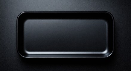 Overhead shot of an empty, black rectangular container on a dark surface, perfect for presentation
