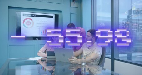 Business team clicking laptop and analyzing departmental budget metrics with neon overlay numbers - Powered by Adobe