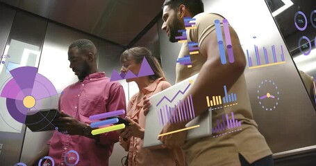 Man tapping tablet and revealing floating business charts, woman showing phone, peer tilting laptop