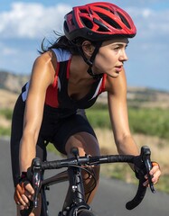 Focused female cyclist in red helmet rides bicycle on a paved road