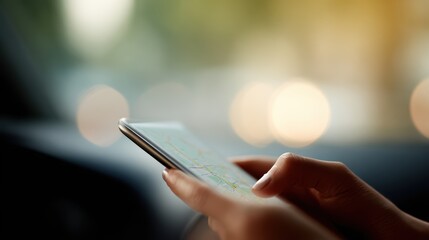 Female hand interacting with smartphone map app, viewing location while driving, car interior blurred behind. Travel and navigation theme