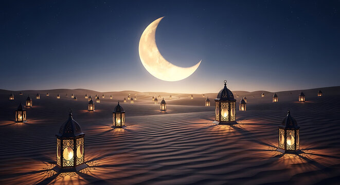 Lanterns glowing in desert landscape under a bright crescent moon on a clear night sky scene view