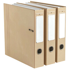 Three standing file folders in a row, beige, with white label placeholders, and black holes