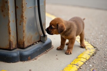 A curious brown puppy sniffs at an old gas pump, its paws on the cracked pavement with faded yellow markings