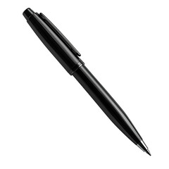 Shiny black ballpoint pen, angled diagonally, with clip, against a dark background