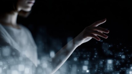 A woman interacting with a futuristic augmented reality interface floating in midair, surrounded by glowing data visuals.