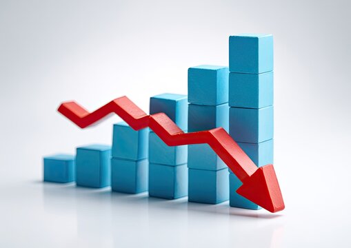 A bar chart constructed of blue blocks depicts declining financial or economic data with a red arrow