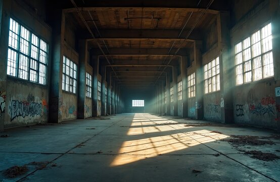 Spacious abandoned factory hall with sunlight from windows. Grunge building interior of lost industrial warehouse. Urban exploration of deserted place with columns, graffiti on dirty walls. Light - Powered by Adobe