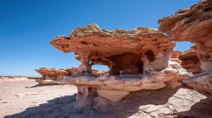 Unique rock formation against clear blue sky in desert landscape