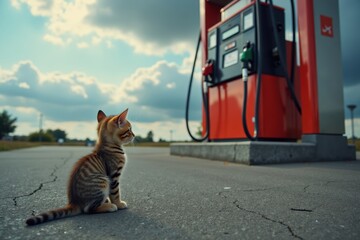 A curious kitten looks back at a gas pump with dangling fuel nozzles, standing on cracked asphalt under a cloudy sky