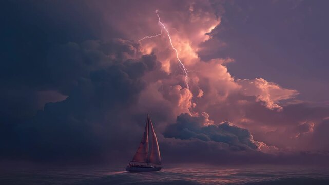 A dramatic scene captures a sailing boat moving across rough water under a dark storm sky with bright lightning streaking through the clouds.