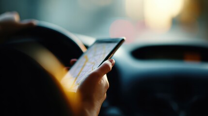 Woman checking route on smartphone GPS while in car, hand in focus, interior blurred. Navigation, road trip, and digital mapping concept