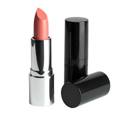 Two lipstick tubes one open with peachy color, one closed, and a detached cap on black