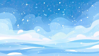 A serene digital artwork showcasing a cool, dreamy winter scene with soft clouds and falling snow