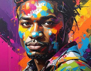 A striking close-up portrait featuring a Black man with expressive eyes, adorned with vibrant paint splashes across his face and clothing