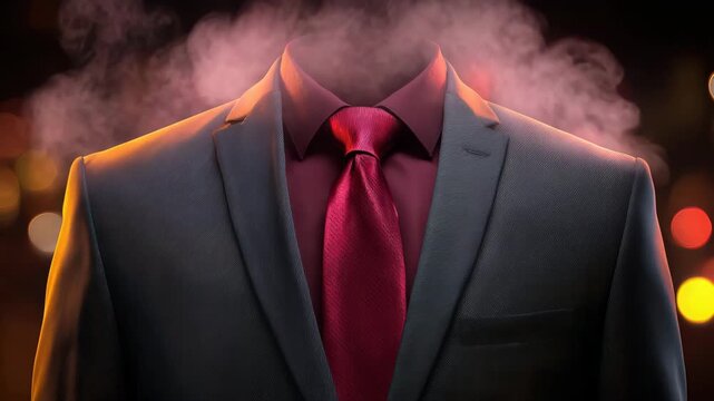 Mysterious headless figure in a suit with a smoky background creates an eerie atmosphere at night