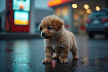 A small fluffy puppy stands on wet asphalt near a bright gas station sign, rain droplets glistening on its fur