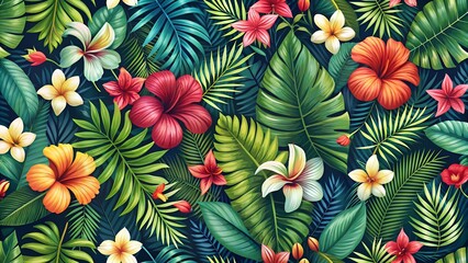 Fototapeta premium Exotic tropical foliage and hibiscus flowers in a lush, dark green jungle pattern, ideal for summer themes