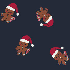 Cute gingerbread man seamless pattern. Simple Christmas cookie character on a dark background. Festive holiday illustration for kids' fabric, wrapping paper, or winter textile design.