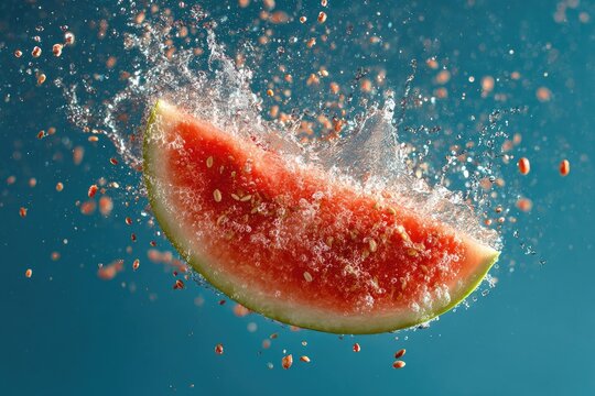 Watermelon slice exploding mid-air, showing seed distribution, with water droplets against a teal background - Powered by Adobe