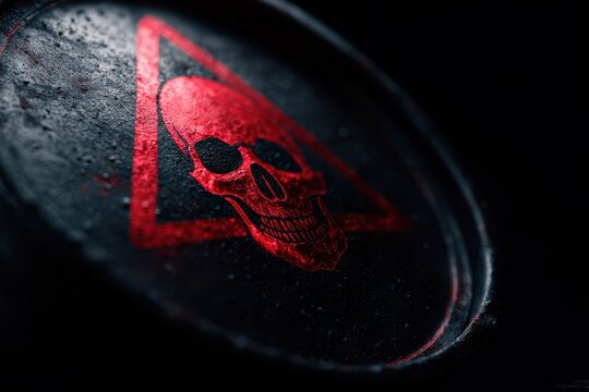 Red skull warning symbol on a wet dark textured surface.