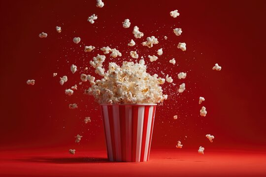 Popcorn exploding from a red striped container against a vibrant red background