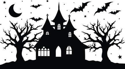 Vector art of silhouette of a haunted house on a hill with a large moon and bats flying in the night sky