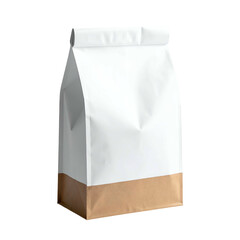 A rectangular paper bag, white top, brown base, folded and partially sealed, against a dark background