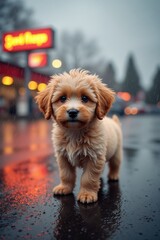 A small fluffy puppy stands on wet asphalt near a bright gas station sign, rain droplets glistening on its fur