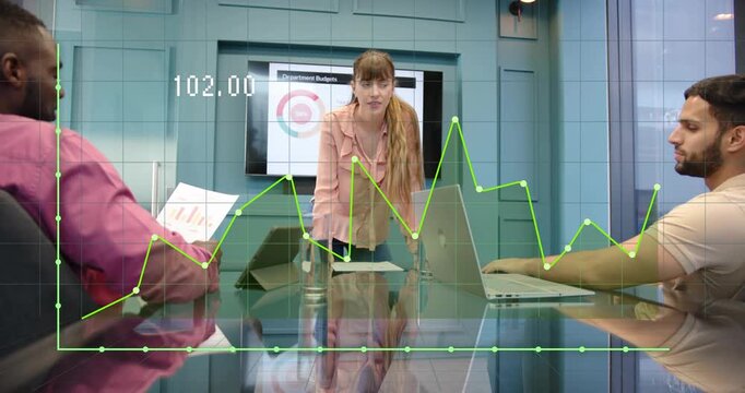 Manager leading budget meeting asking analyst scanning charts animating cost overrun highlights