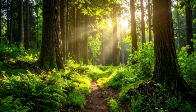 A sunlit forest path winds through tall trees with vibrant green ferns and foliage. Rays of light stream through the canopy