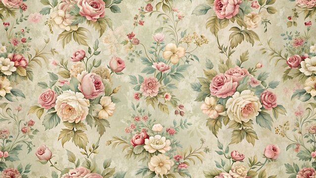 Vintage floral wallpaper with soft pink and cream roses and delicate greenery, evoking a romantic, classic style