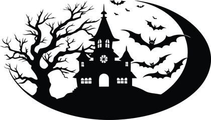 Vector art of haunted house silhouette with a bare tree, bats, and a crescent moon